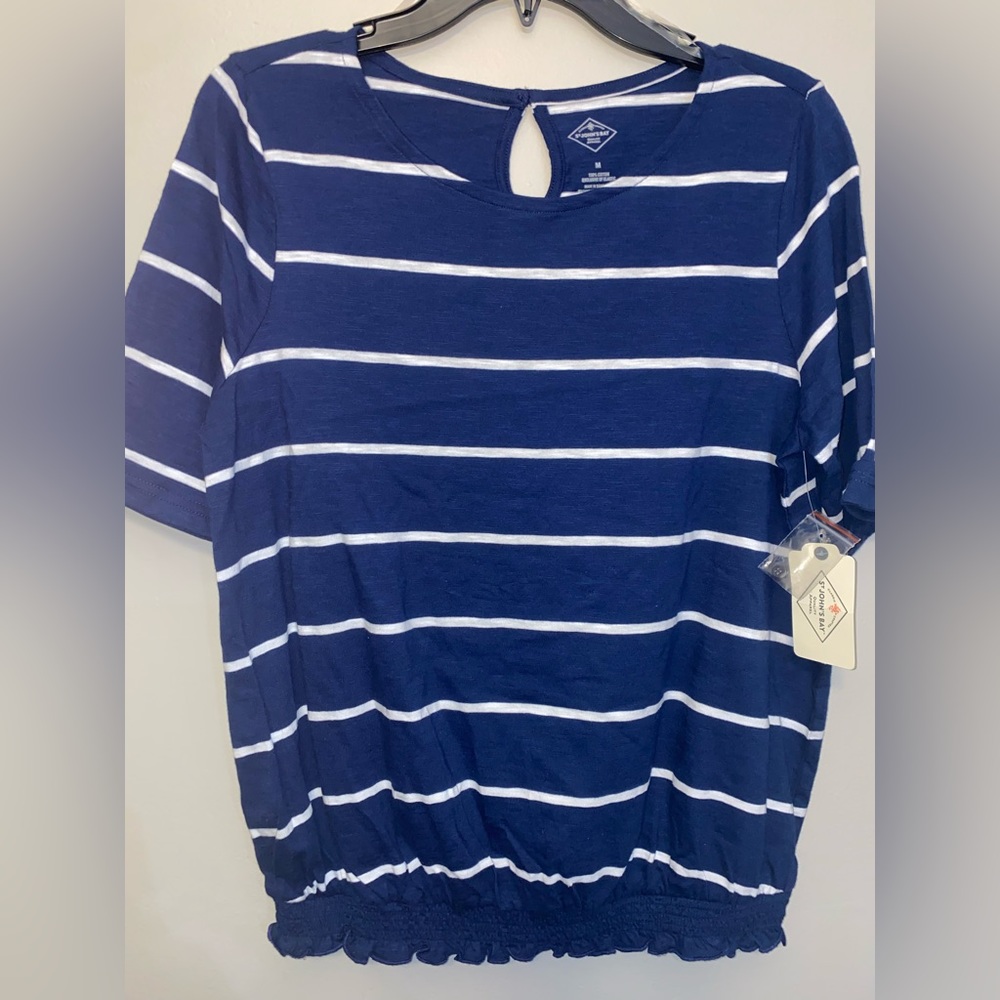 Blue and white striped blouse new size M with elastic at the bottom